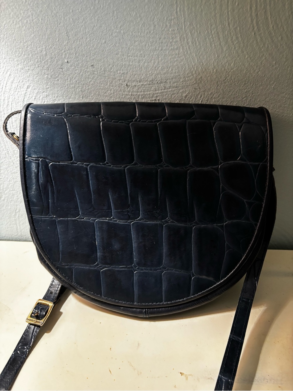Croc-Embossed Semi-Circle Crossbody Bag in Dark Navy